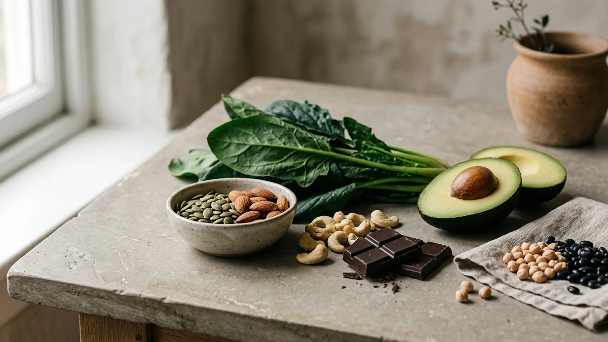 Still-life de alimentos ricos em magnésio sobre uma bancada de pedra: espinafre, uma tigela de sementes de abóbora e amêndoas, castanhas de caju, chocolate amargo, abacate cortado ao meio e leguminosas.