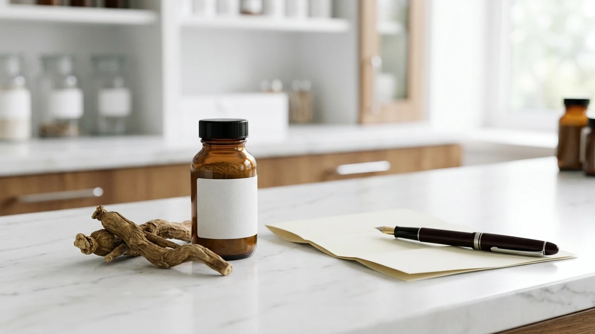 Frasco âmbar de farmácia de manipulação, raiz de ashwagandha, papel de receita em branco e caneta sobre bancada clara