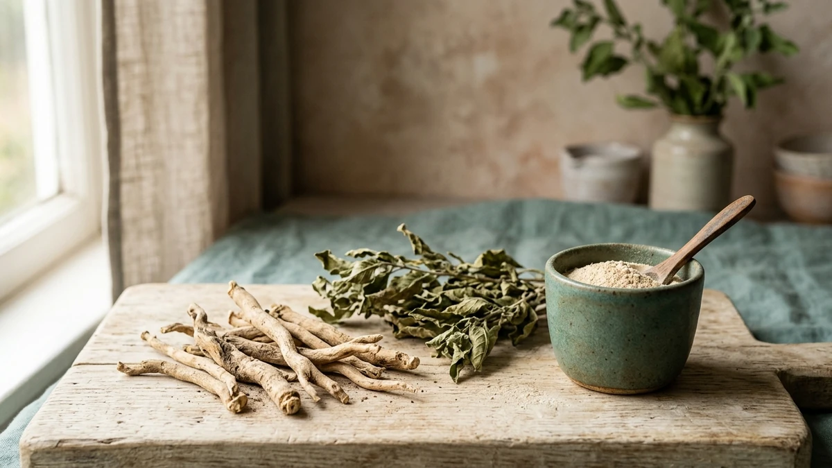 Raízes secas de ashwagandha sobre uma tábua de madeira clara, ao lado de uma xícara com o pó da planta