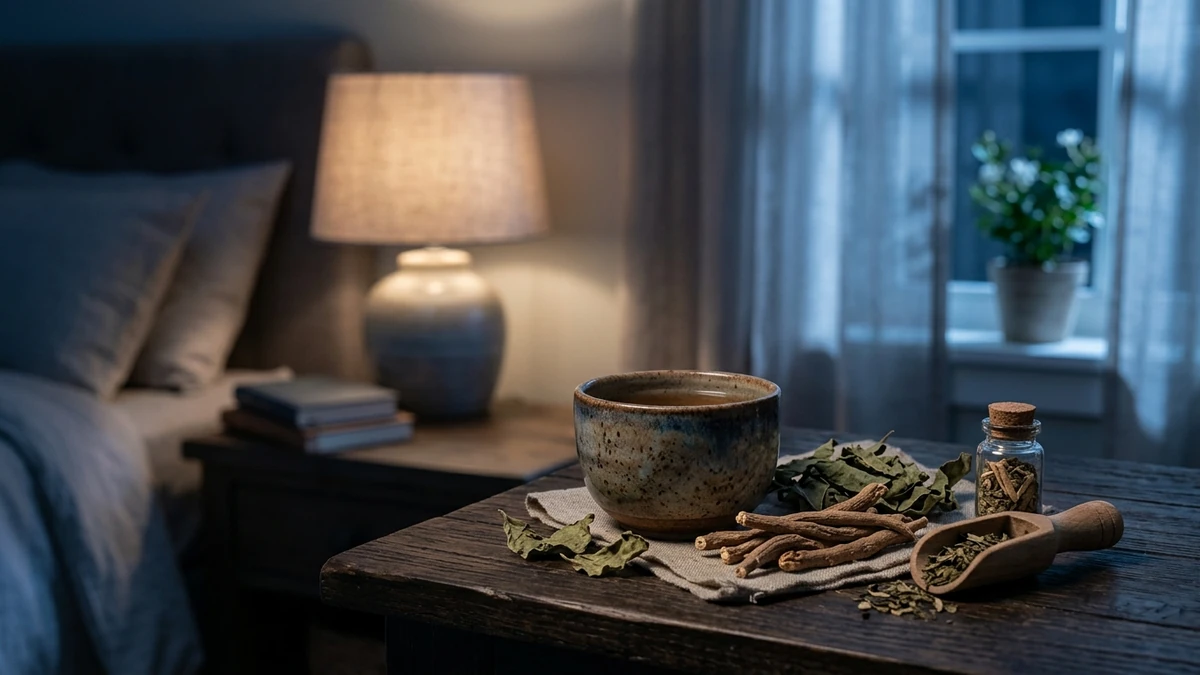 Raiz e folhas secas de ashwagandha e uma xícara de infusão sobre uma mesa de cabeceira à noite, com abajur aceso e luar na janela ao fundo