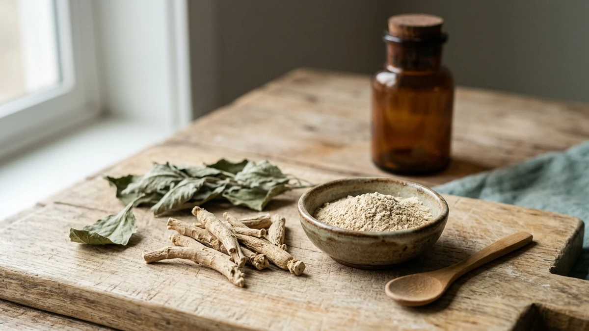 Raízes secas e folhas de ashwagandha ao lado de uma tigela de cerâmica com o pó da planta, sobre uma tábua de madeira clara, com um pote âmbar de boticário desfocado ao fundo