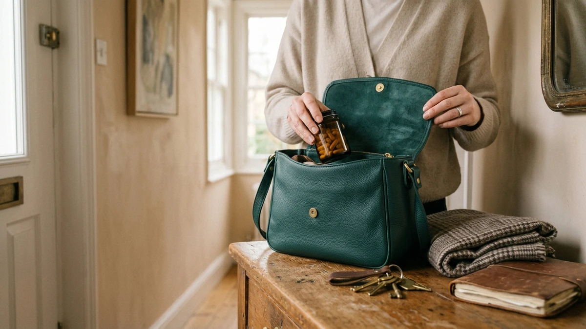 Mão guardando um frasco âmbar de cápsulas dentro de uma bolsa verde aberta, ao lado das chaves de casa