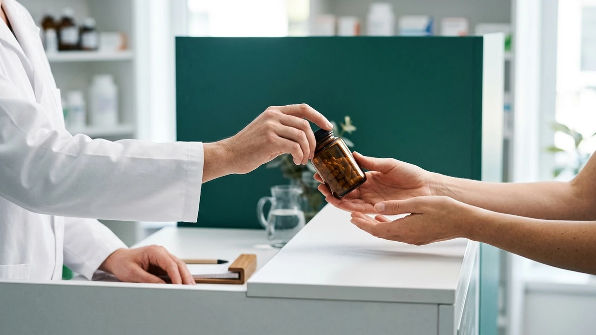 Farmacêutico de jaleco entregando um frasco âmbar de cápsulas nas mãos de um cliente, sobre o balcão da farmácia