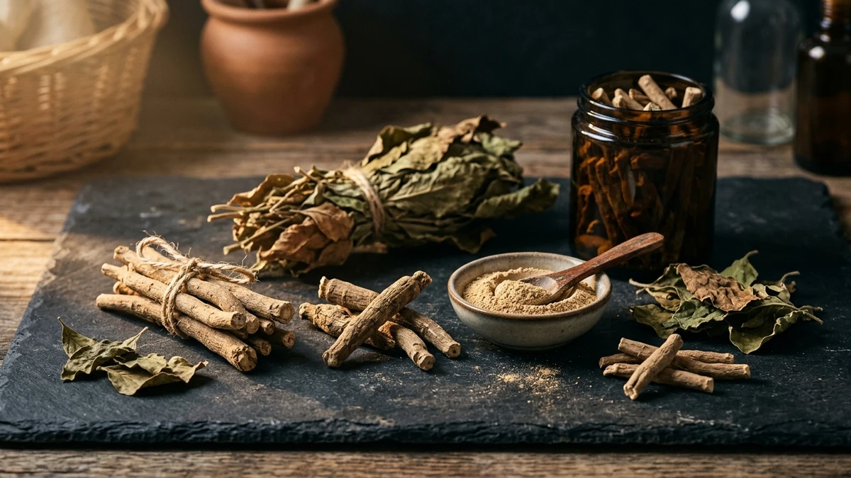 Raízes e folhas secas de ashwagandha, uma tigela com o pó e um frasco âmbar sobre ardósia escura