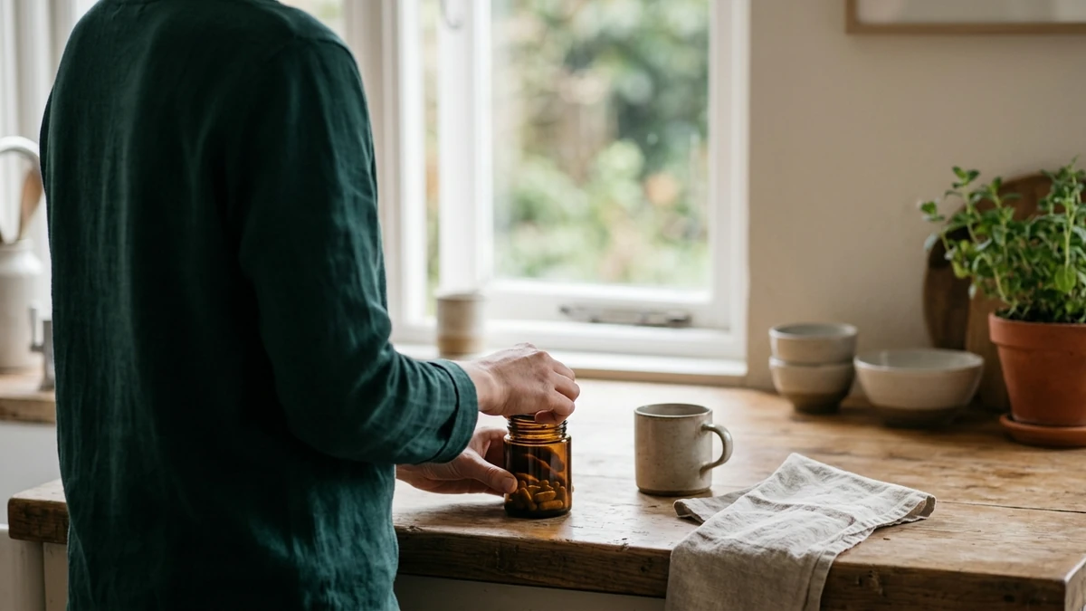 Pessoa de costas na cozinha abrindo um pote âmbar de cápsulas sobre a bancada de madeira, ao lado de uma caneca