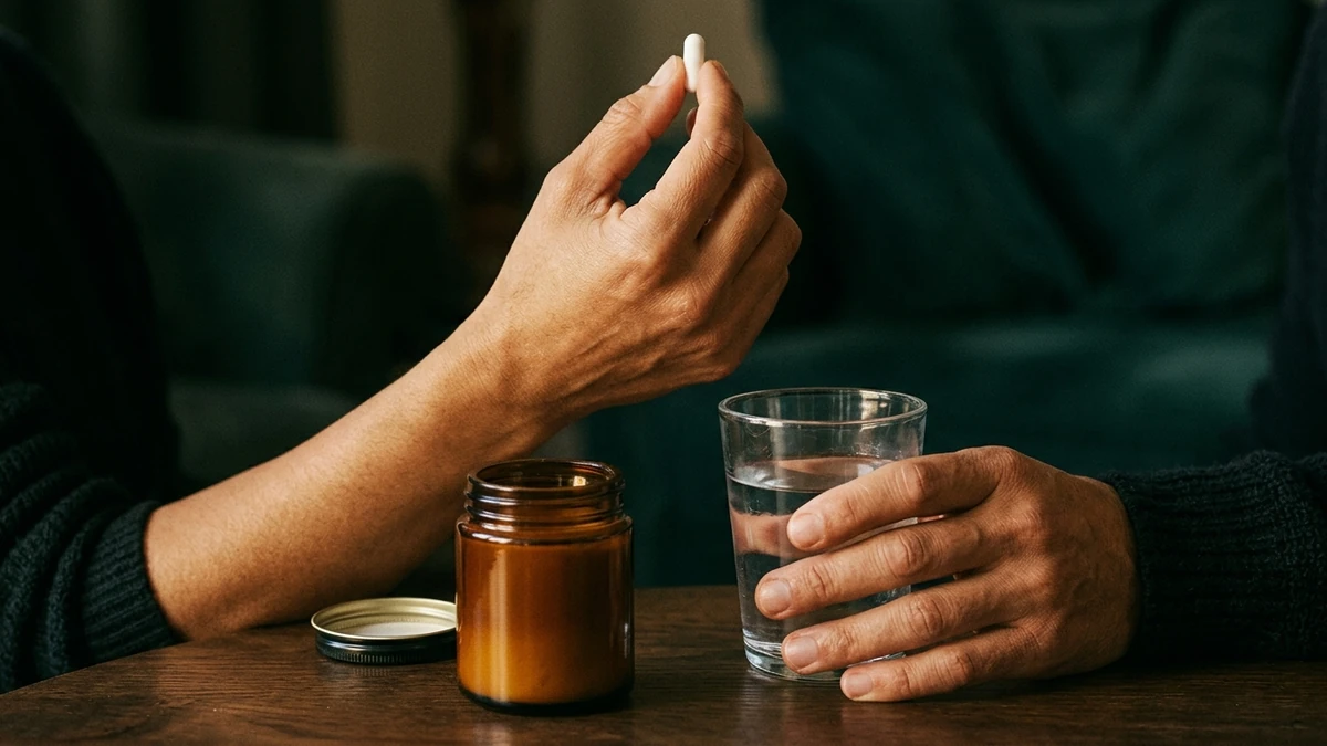 Mão erguendo uma cápsula branca e a outra segurando um copo de água, com o frasco âmbar aberto sobre a mesa