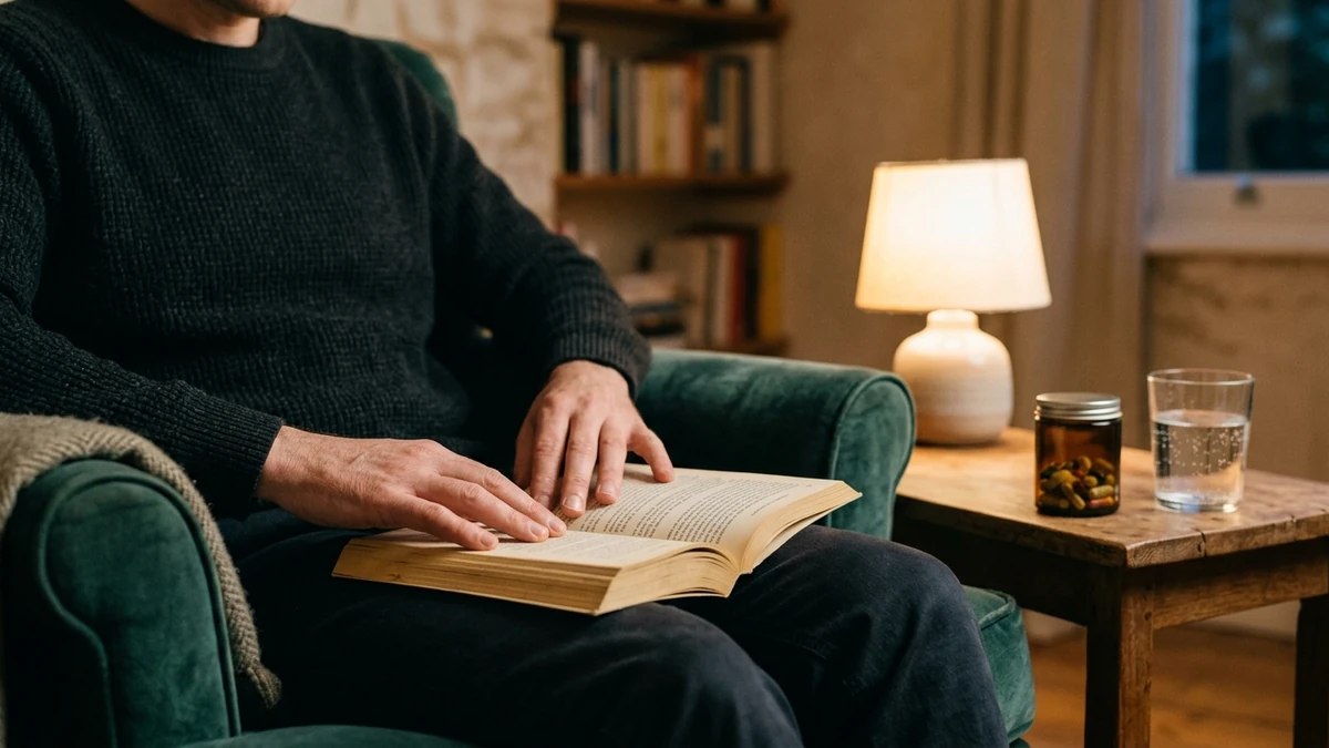 Pessoa lendo um livro numa poltrona à noite, com abajur aceso, pote de cápsulas e copo d'água na mesa lateral