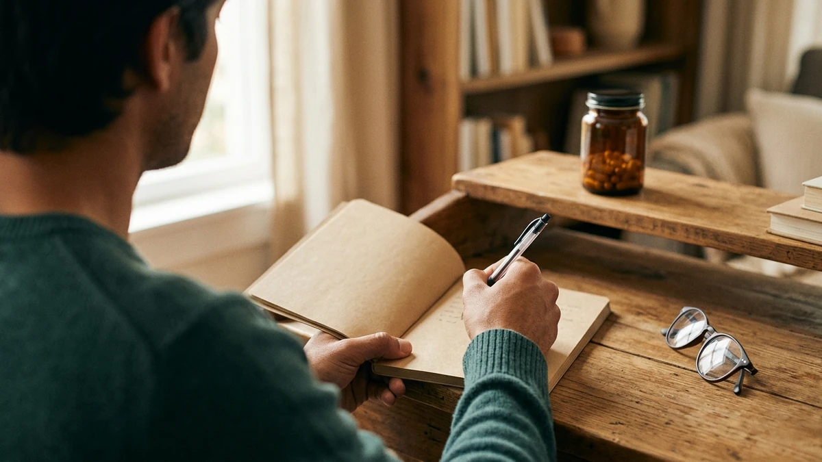 Pessoa vista por trás escrevendo à mão num caderno na escrivaninha, com óculos ao lado e um pote de cápsulas na prateleira