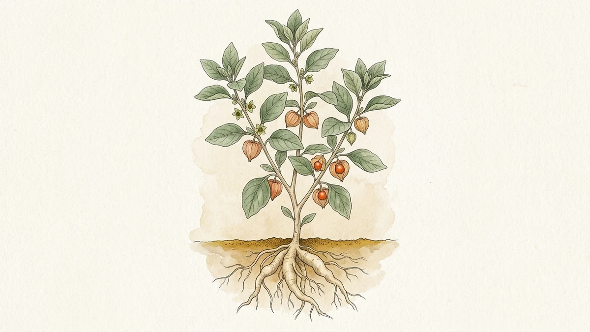 Ilustração botânica da planta ashwagandha (Withania somnifera) com folhas, frutos alaranjados no cálice papiráceo e as raízes claras sob o solo