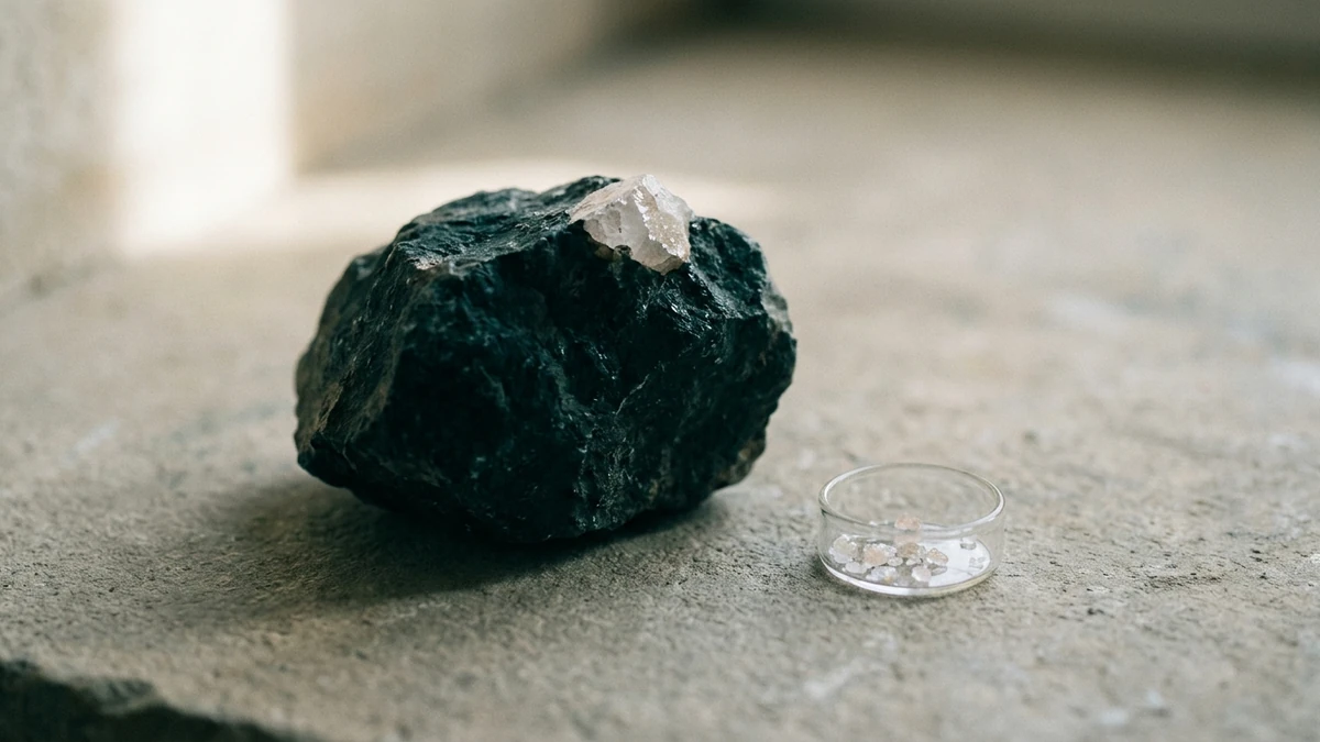 Pedra mineral escura com uma pequena face de cristal claro exposta na superfície, ao lado de um pratinho de vidro com poucos grãos do mesmo cristal