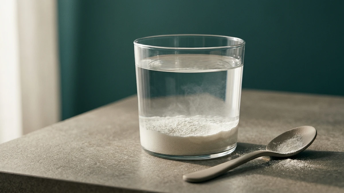 Copo de água com uma camada de pó branco depositada no fundo, sem se dissolver, e a água acima permanecendo limpa